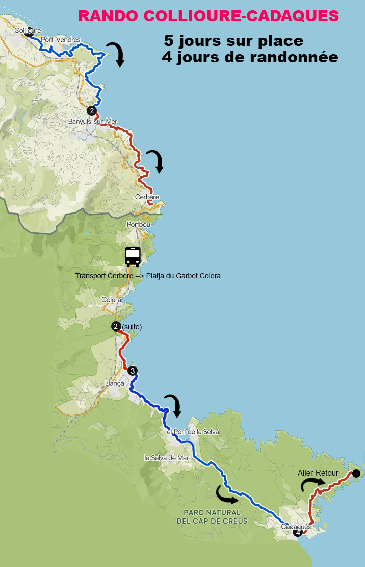 Carte Randonnée Collioure-Cadaques 5 jours sur place / 4 jours de Randonnée
