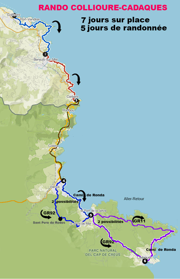 Carte Randonnée Collioure-Cadaques 7 jours sur place / 5 jours de Randonnée